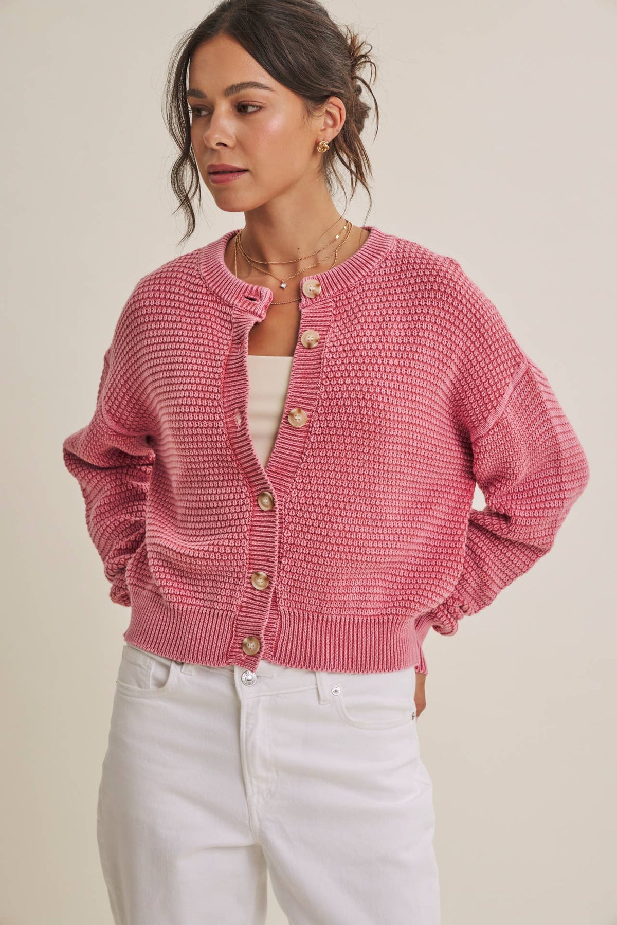 SEASONLESS MINERAL-WASHED COTTON WAFFLE BUTTON-DOWN CARDIGAN: PALE MAUVE