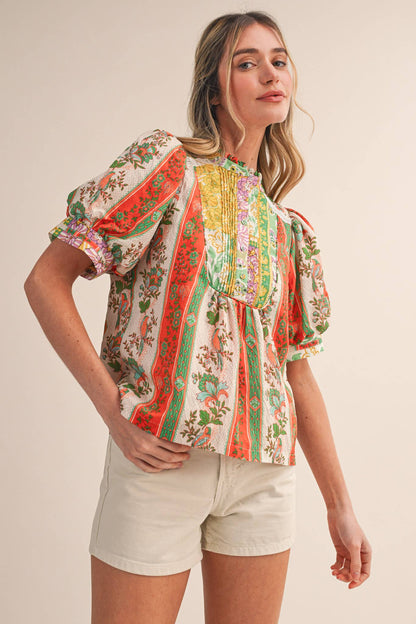 BORDER PRINT PIN TUCK BIB TOP