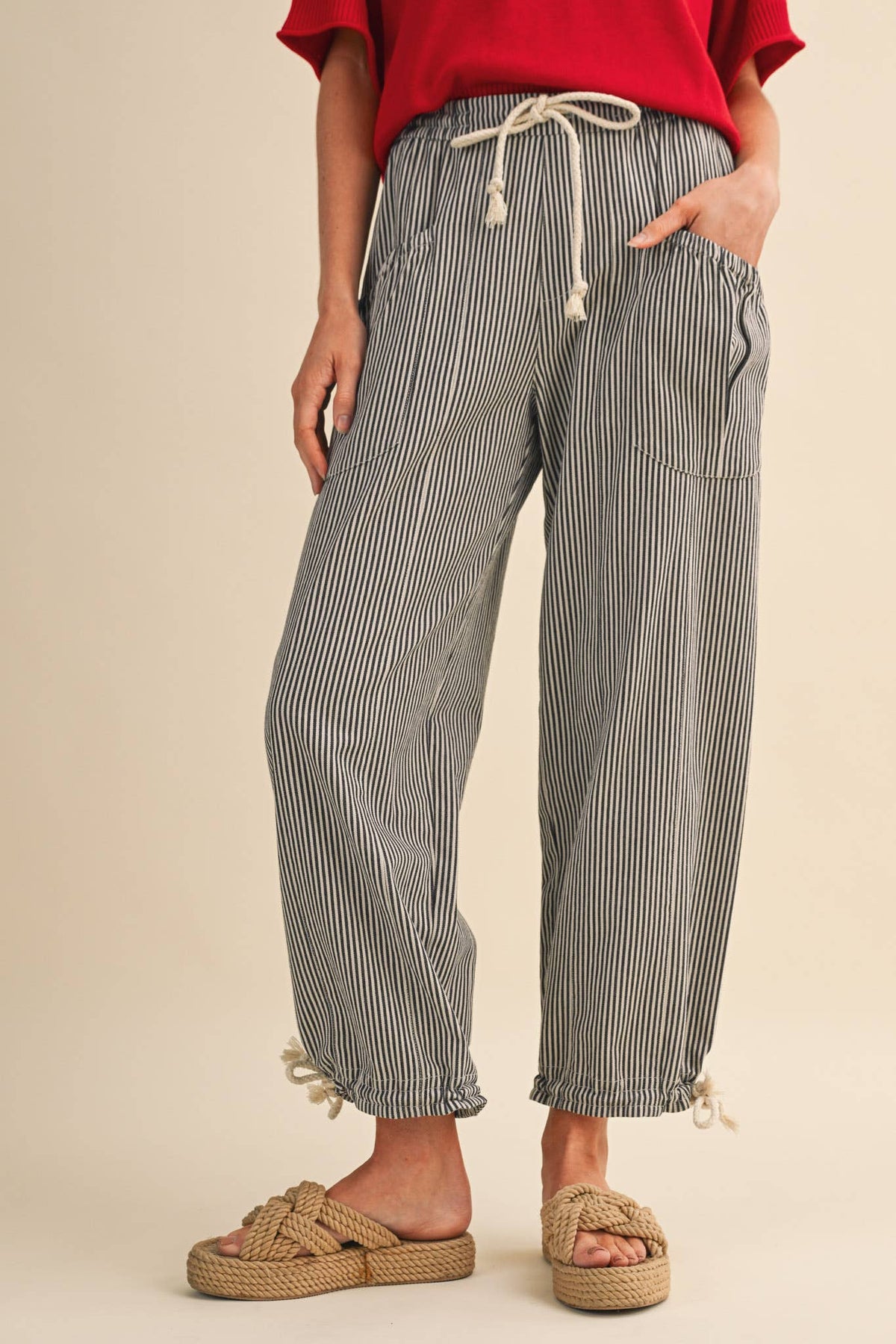 STRIPED PARACHUTE PANTS: DENIM STRIPE