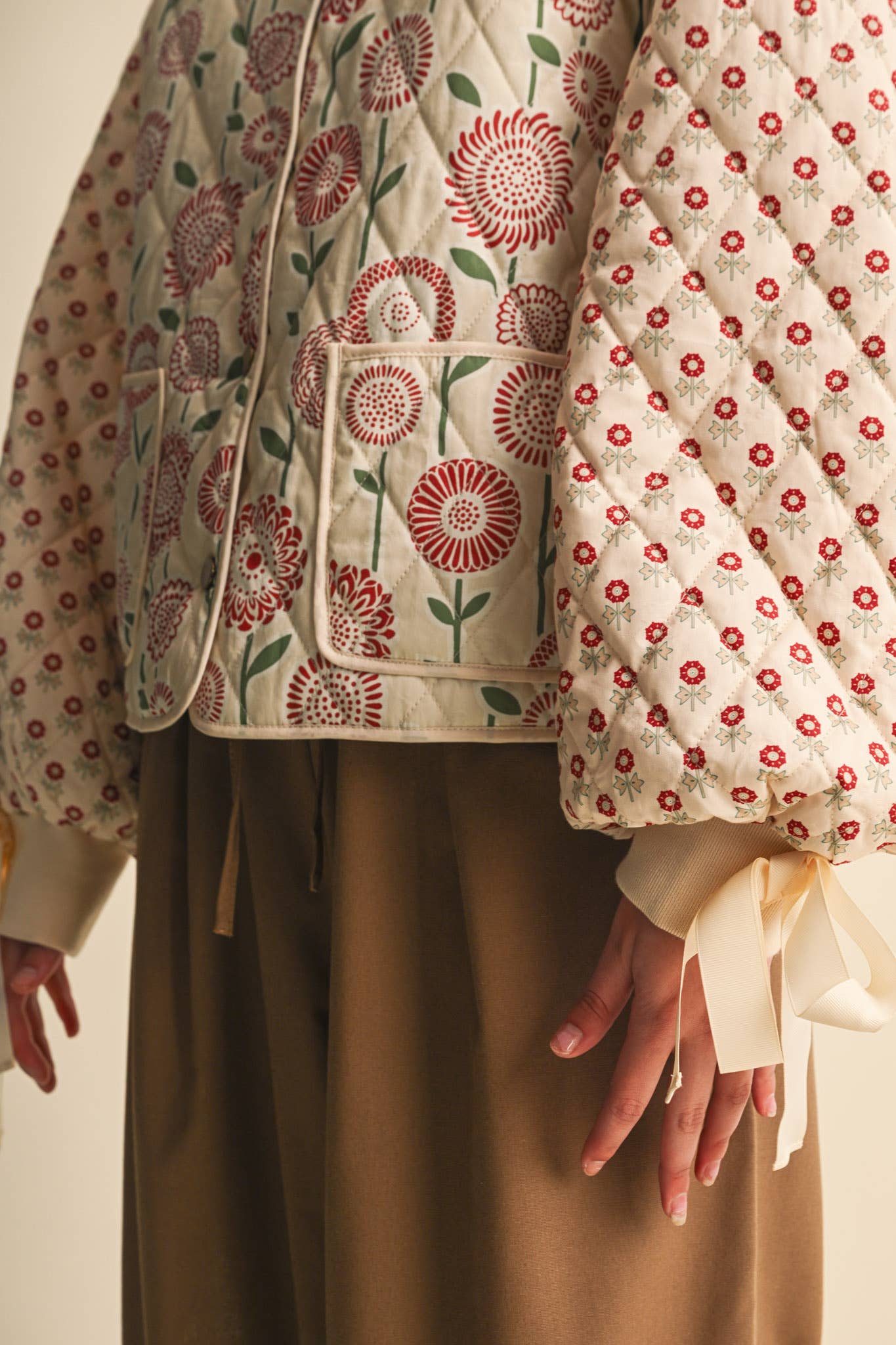 QUILTED MIXED FLORAL PRINT JACKET WITH RIBBON DETAIL
