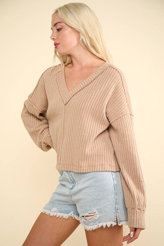 Casual Comfy Soft V-Neck Knit Top: MOCHA