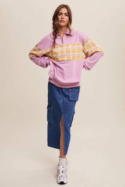 Retro Flower Panel Half-Zip Pullover
