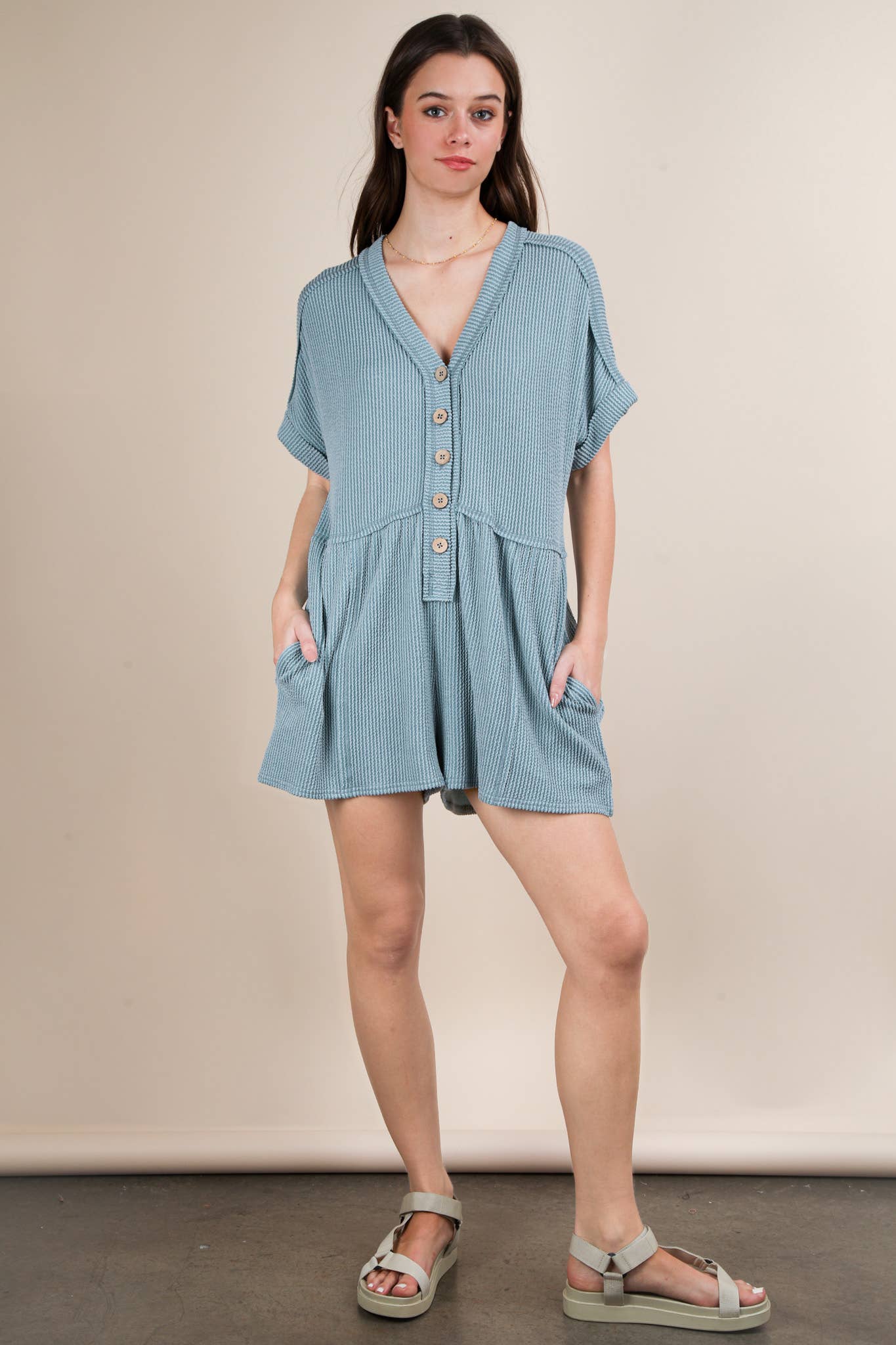 Two Tone Ribbed Knit Comfy Casual Romper