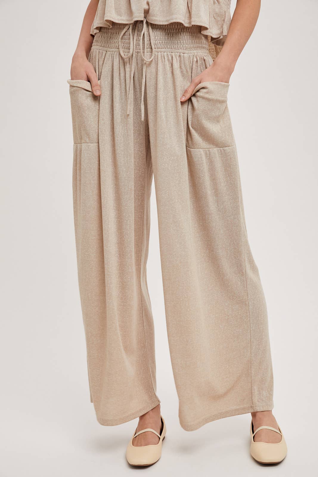 RELAXED KNIT SMOCKED TOP AND WIDE PANTS
