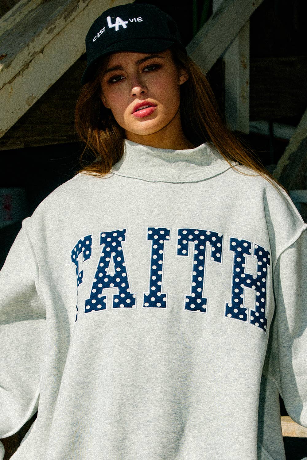 FAITH | Embroidered Polka-Dot Mock Neck Sweatshirt