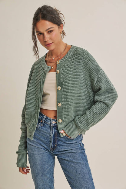 SEASONLESS MINERAL-WASHED COTTON WAFFLE BUTTON-DOWN CARDIGAN: DUSTY GREEN