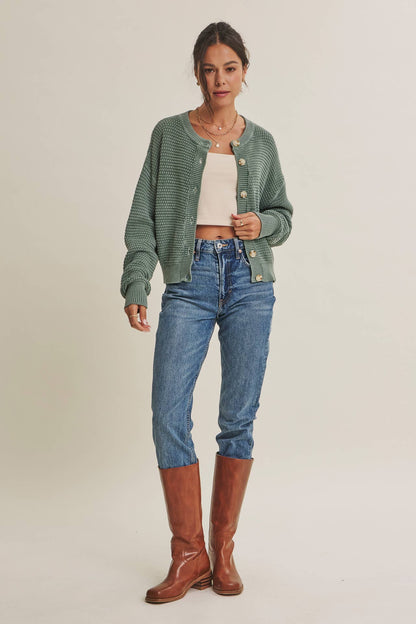 SEASONLESS MINERAL-WASHED COTTON WAFFLE BUTTON-DOWN CARDIGAN: DUSTY GREEN