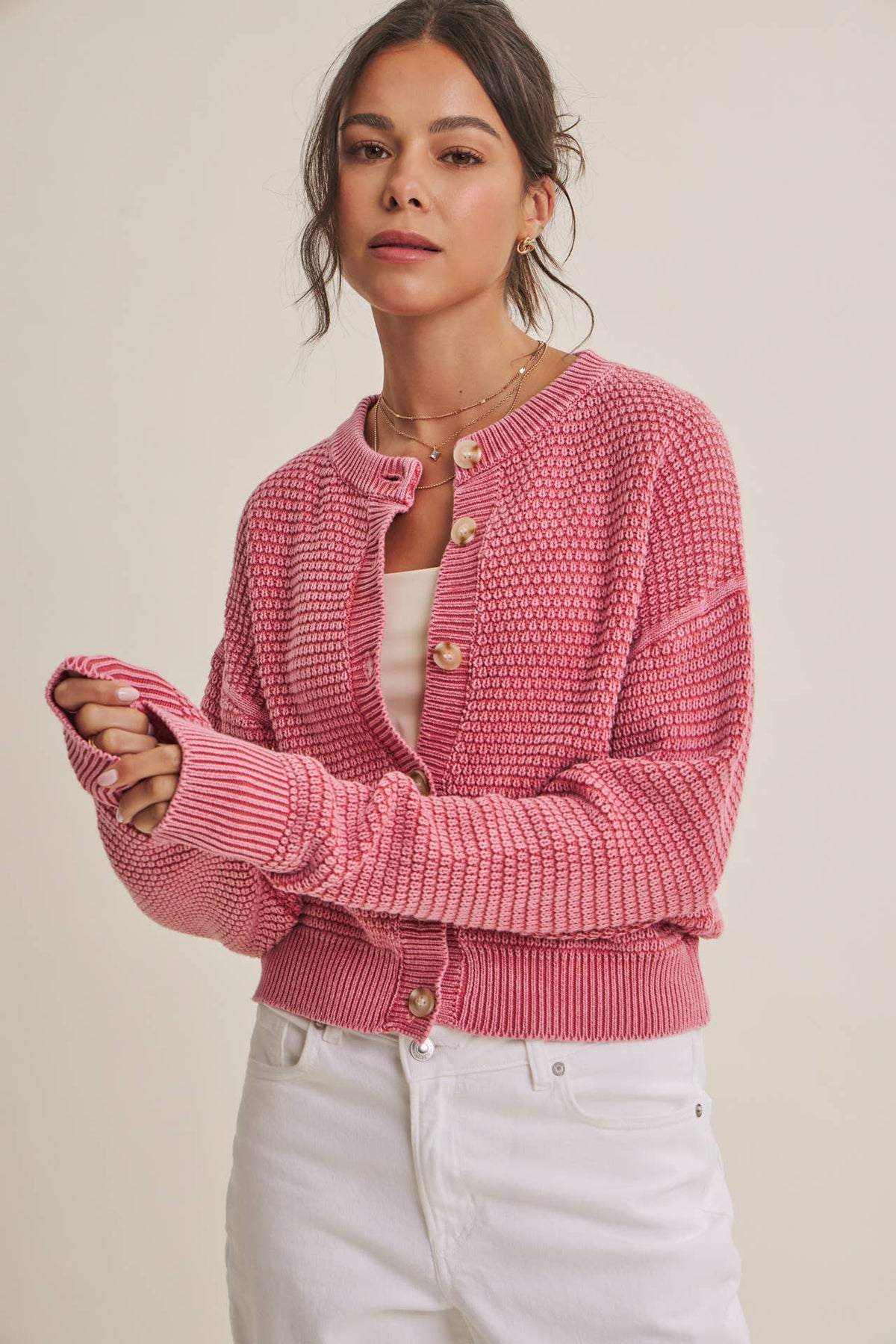 SEASONLESS MINERAL-WASHED COTTON WAFFLE BUTTON-DOWN CARDIGAN: PALE MAUVE