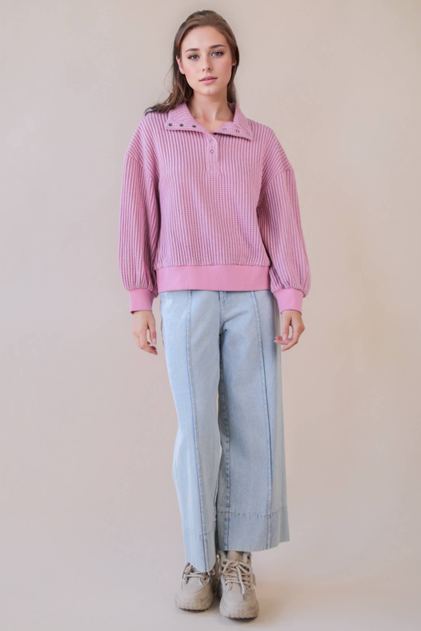 Oversized Half Button Down Casual Waffle Knit Top