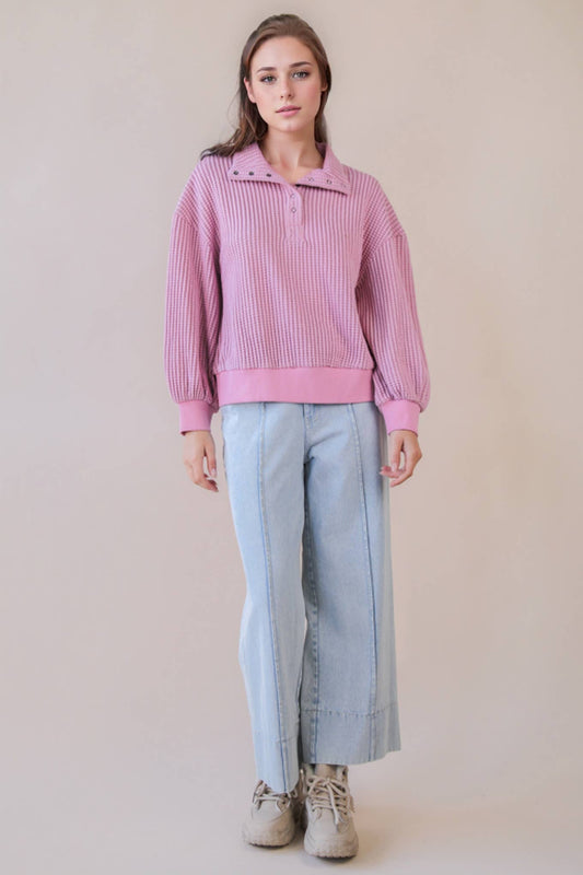 Oversized Half Button Down Casual Waffle Knit Top