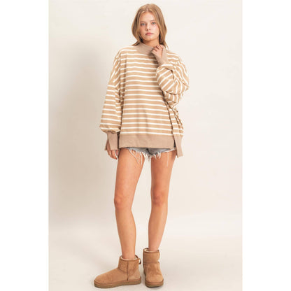 Striped Mock Neck Sweatshirt: TAUPE/CREAM