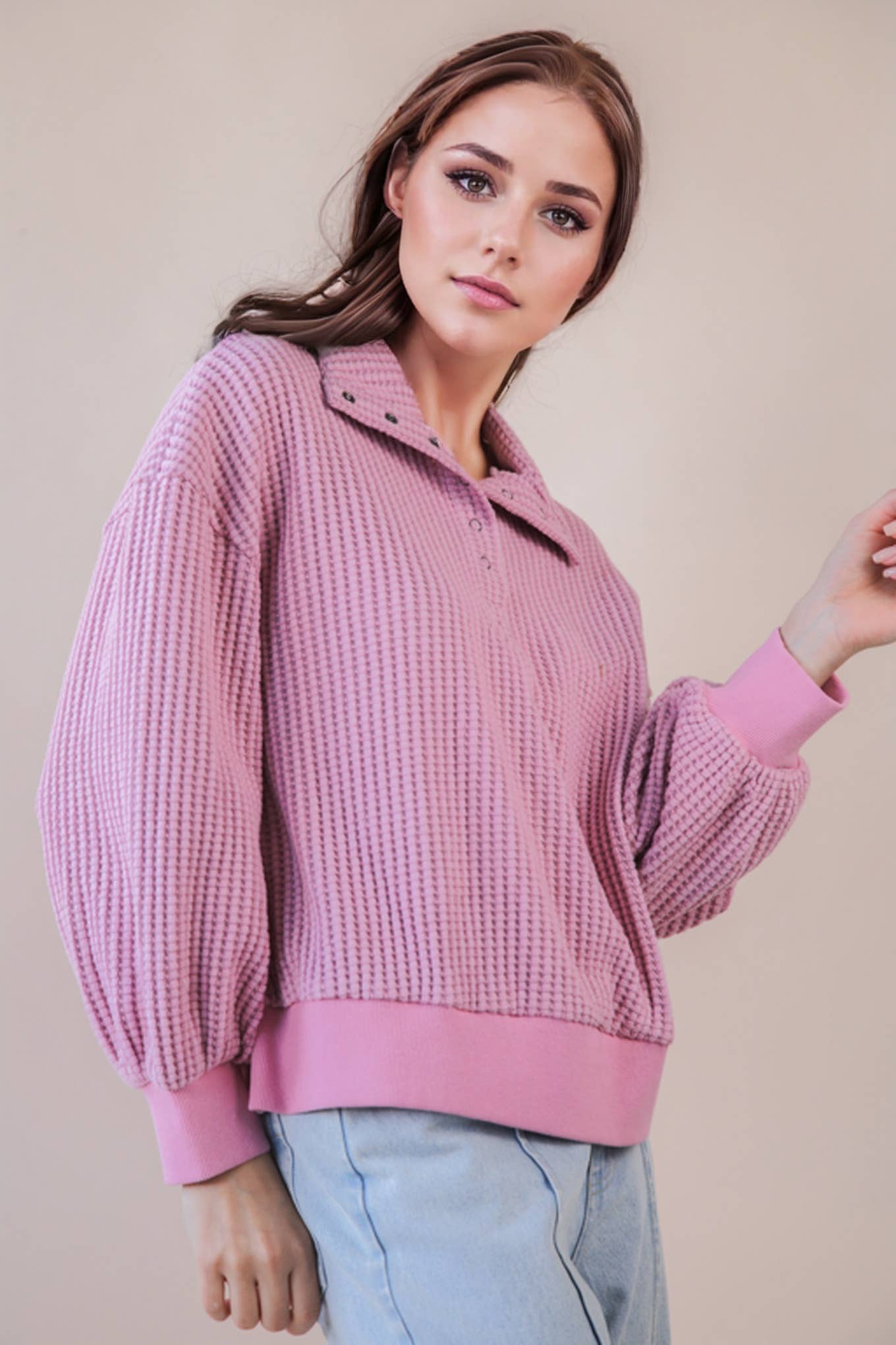 Oversized Half Button Down Casual Waffle Knit Top