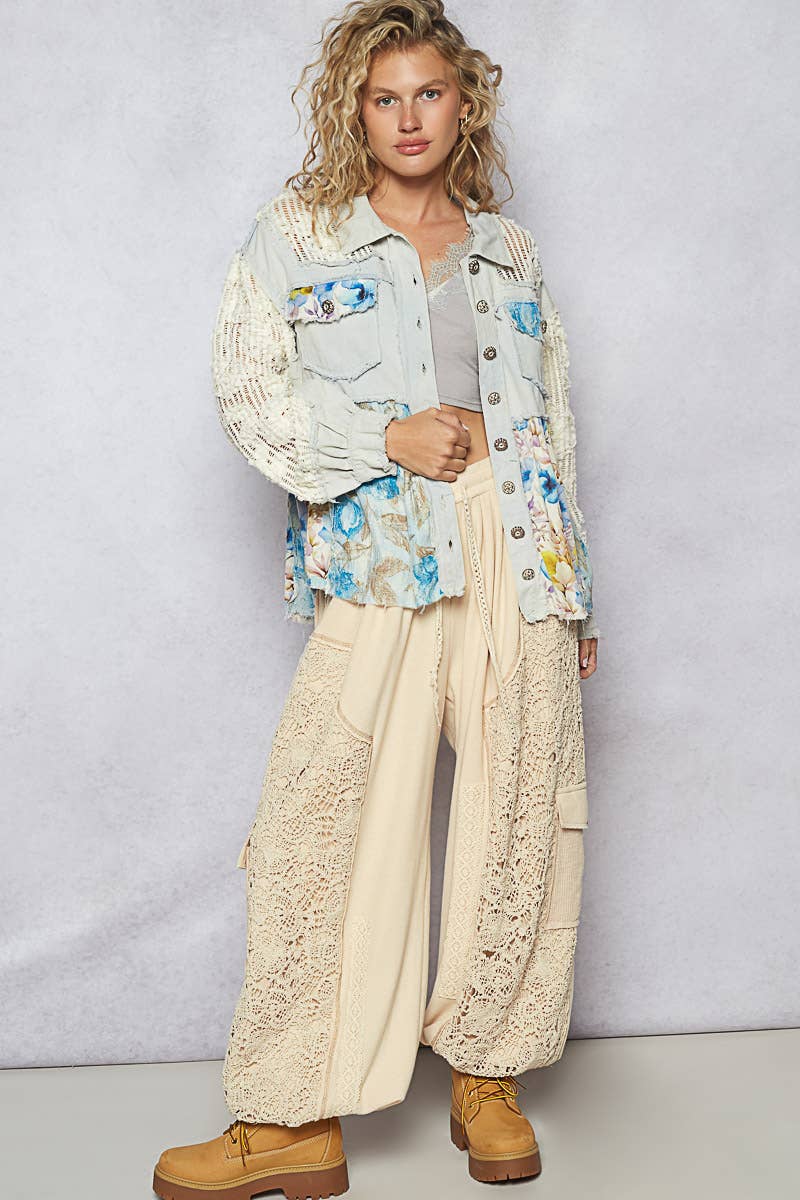 Pol Clothing - Balloon sleeve A-line twill woven floral jacket