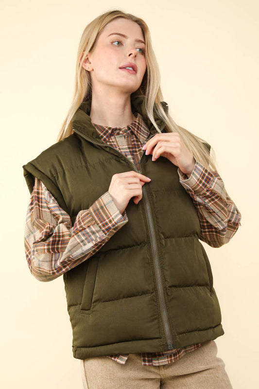 High Neck Casual Comfy Puffer Vest: OLIVE