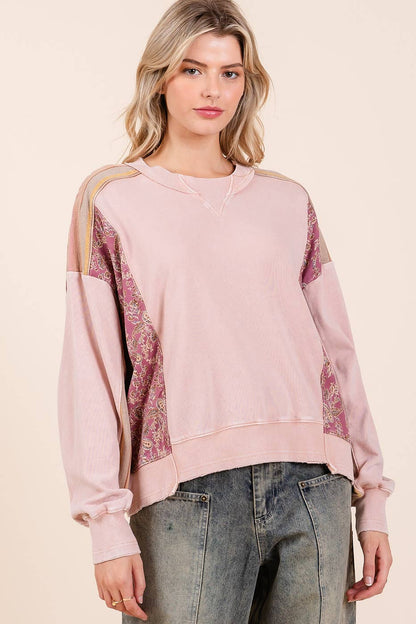 PATCHWORK PRINT MIX MINERAL WASH PULLOVER TOP