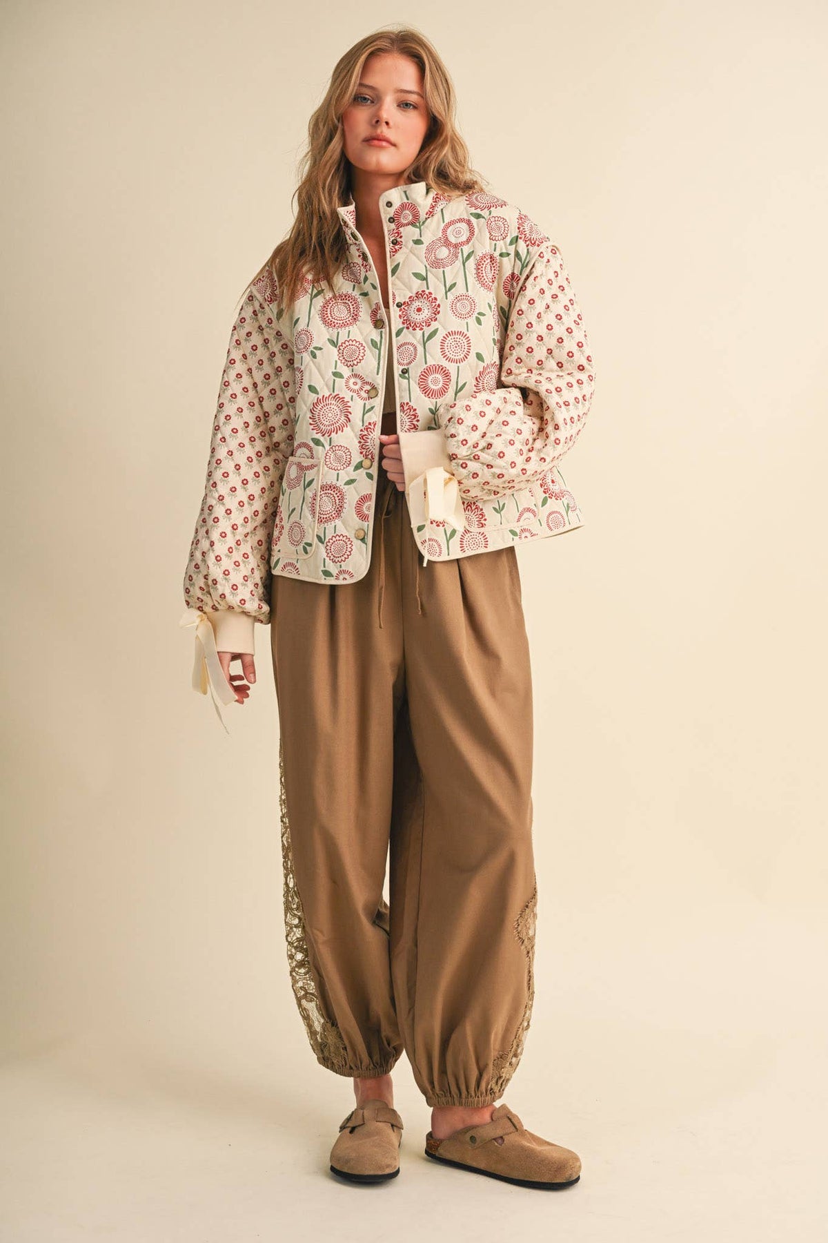 QUILTED MIXED FLORAL PRINT JACKET WITH RIBBON DETAIL