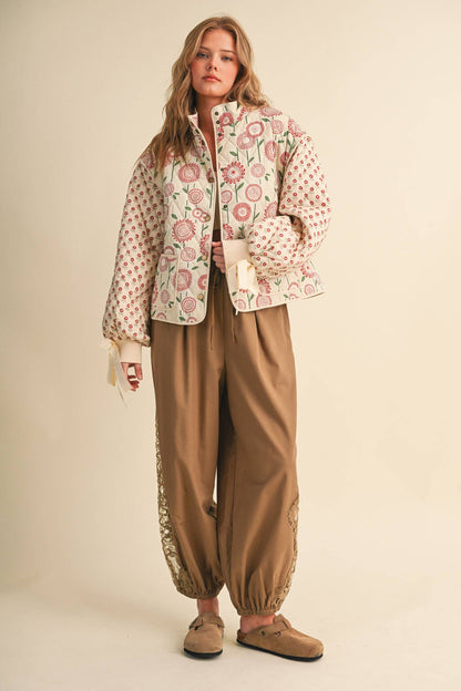 QUILTED MIXED FLORAL PRINT JACKET WITH RIBBON DETAIL