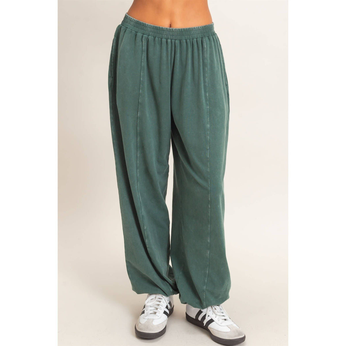 Mineral Wash Elastic Waist Jogger Pants: DARK GREEN