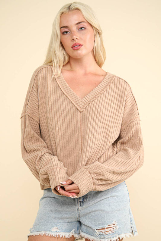 Casual Comfy Soft V-Neck Knit Top: MOCHA