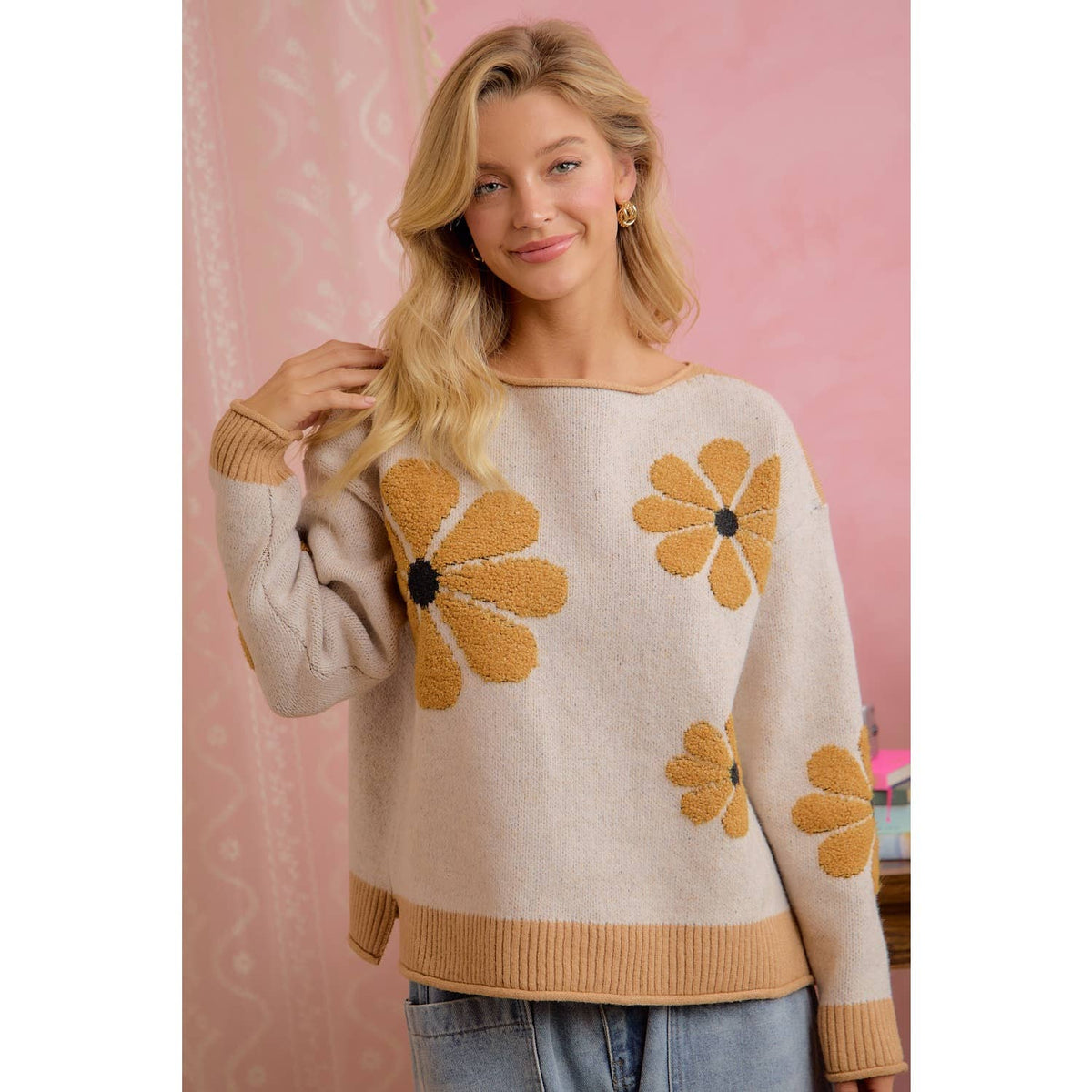 LATTE DAISY FLORAL RIBBED SWEATER
