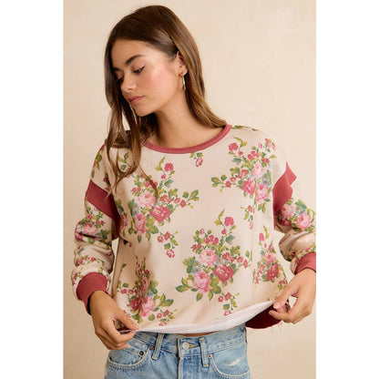 FLORAL BRUSHED TERRY OPEN BACK LONG SLEEVES TOP