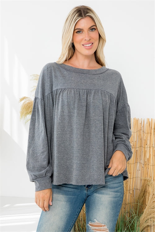 CHARCOAL LONG SLEEVE PLEATED DETAIL TOP