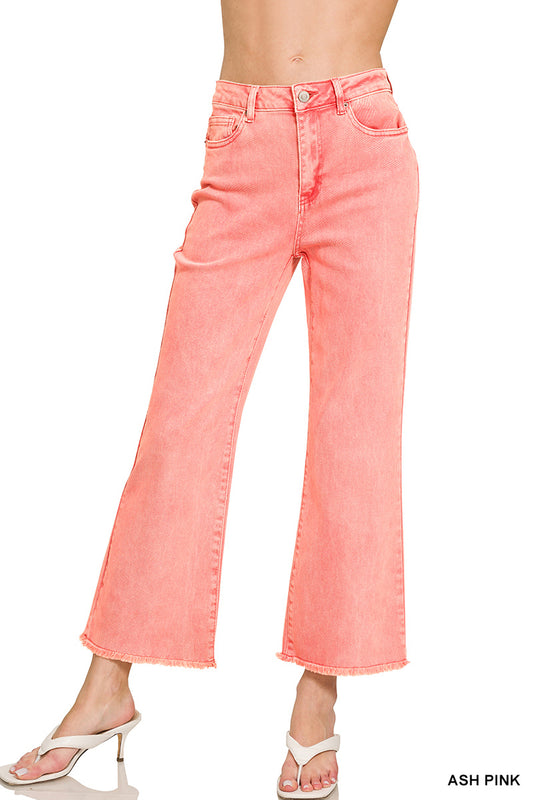 ACID WASHED HIGH WAIST FRAYED HEM BOOTCUT PANTS
