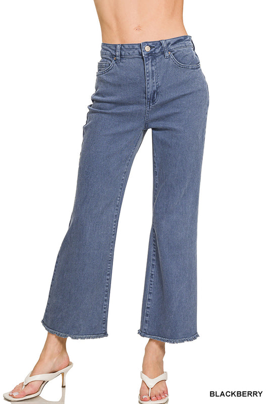 ACID WASHED HIGH WAIST FRAYED HEM BOOTCUT PANTS