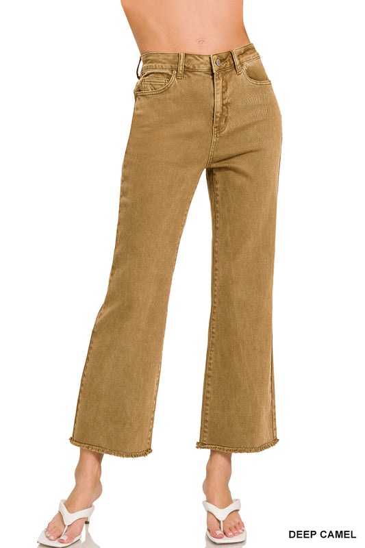 ACID WASHED HIGH WAIST FRAYED HEM BOOTCUT PANTS