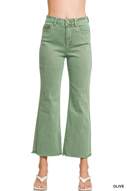 ACID WASHED HIGH WAIST FRAYED HEM BOOTCUT PANTS