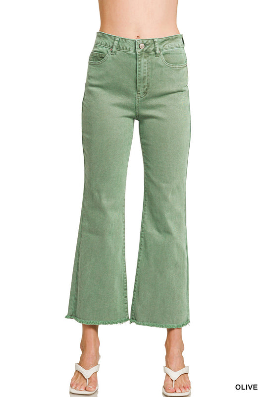 ACID WASHED HIGH WAIST FRAYED HEM BOOTCUT PANTS