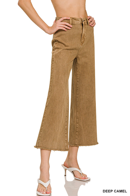 ACID WASHED HIGH WAIST FRAYED HEM STRAIGHT PANTS