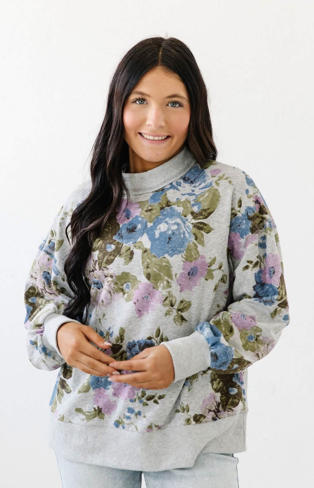 WOMENS ROSE FLORAL MOCKNECK PULLOVER