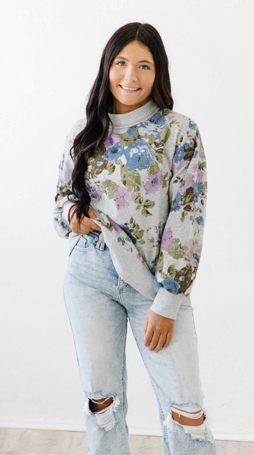 WOMENS ROSE FLORAL MOCKNECK PULLOVER