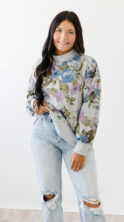 WOMENS ROSE FLORAL MOCKNECK PULLOVER