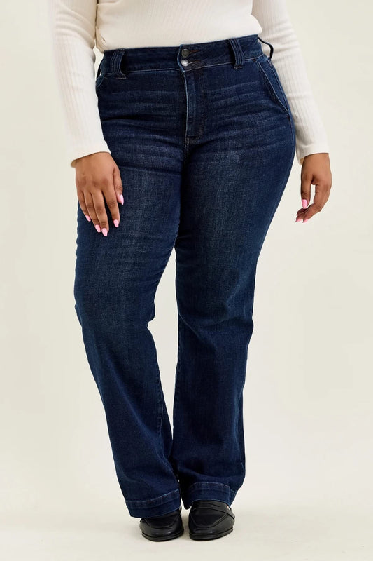 Judy Blue High Waist Trouser Wide Leg Denim Jeans -Short Inseam