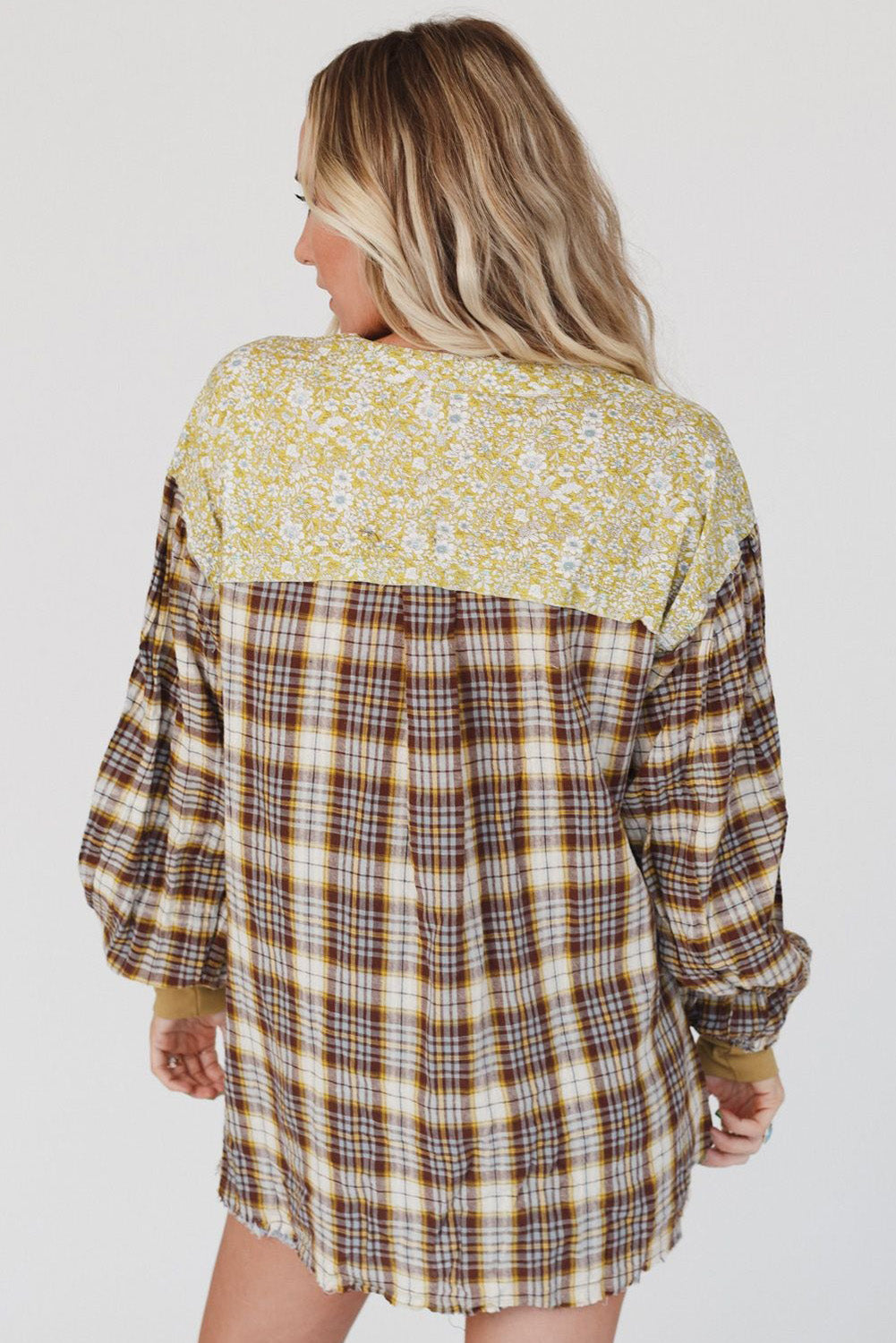 Yellow Floral Plaid Mixed Print Bishop Sleeve Patchwork