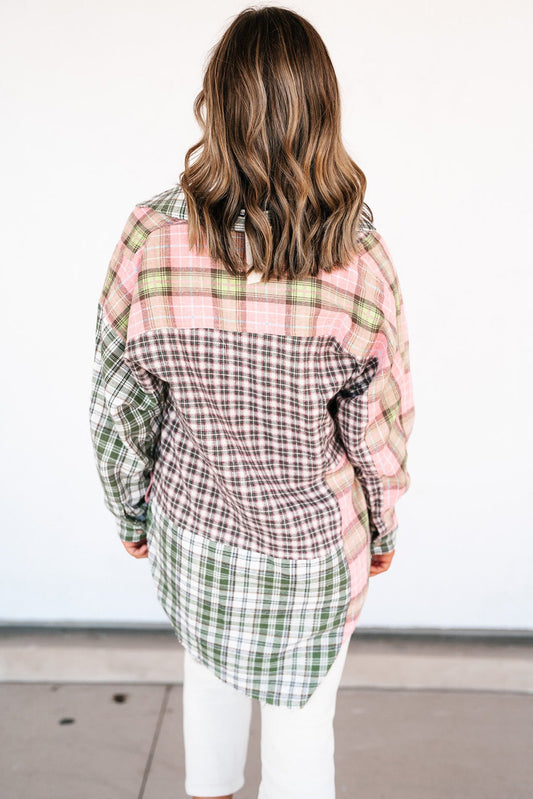 Multicolor Plaid Patchwork High Low Oversized Shirt a