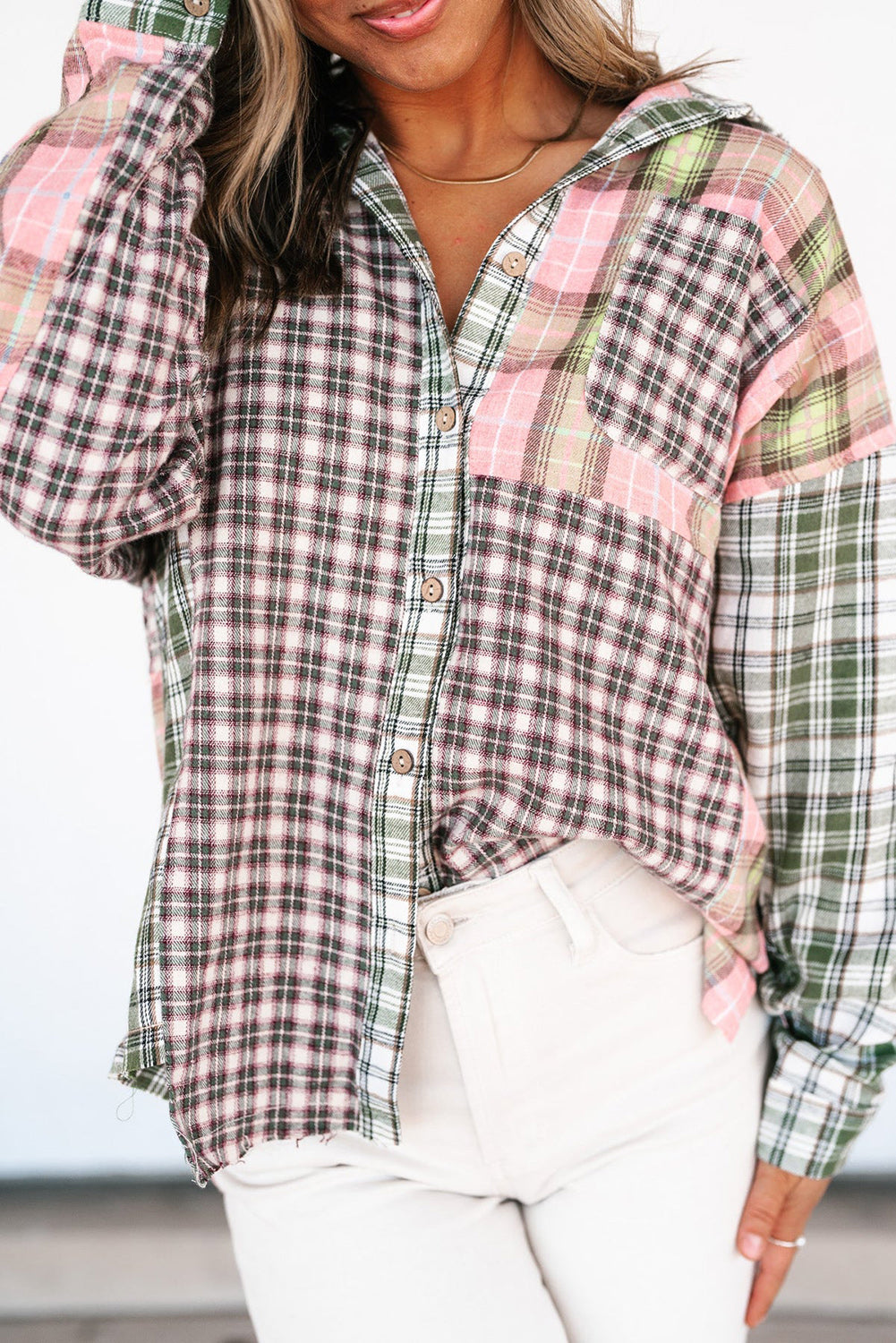 Multicolor Plaid Patchwork High Low Oversized Shirt