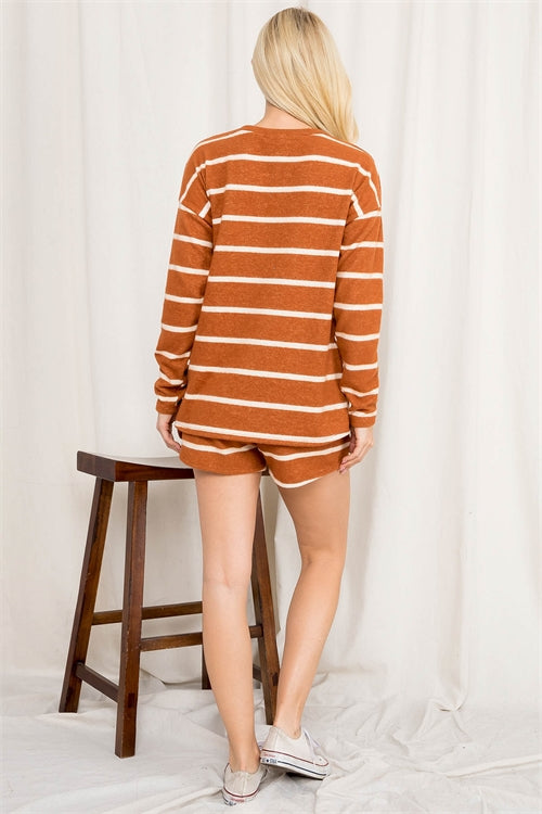STRIPE LONG SLEEVE TOP AND SHORTS SET WITH SELF TIE