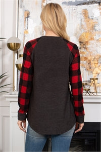 PLAID LONG SLEEVE TWO TONED TOP