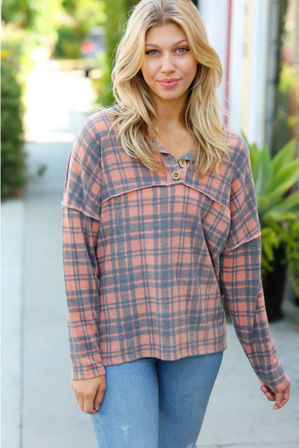Rust Cashmere Feel Plaid Button Down Knit Top