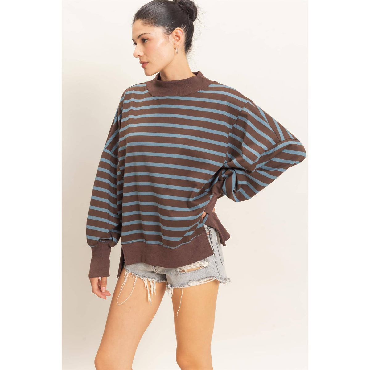 Striped Mock Neck Sweatshirt: BROWN/D.BLUE