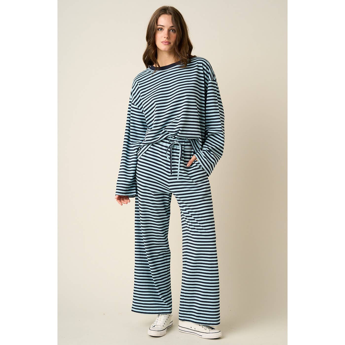 STRIPED PRINT LOUNGE TOP AND PANTS SET: SKY BLUE