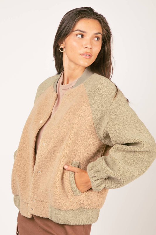 Raglan Sleeve Oversized Color Block Fleece Jacket: SAGE