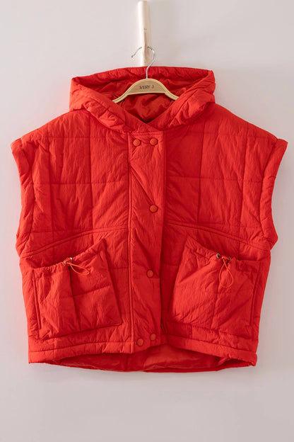 Quilted Hooded Puffer Vest: TOMATO