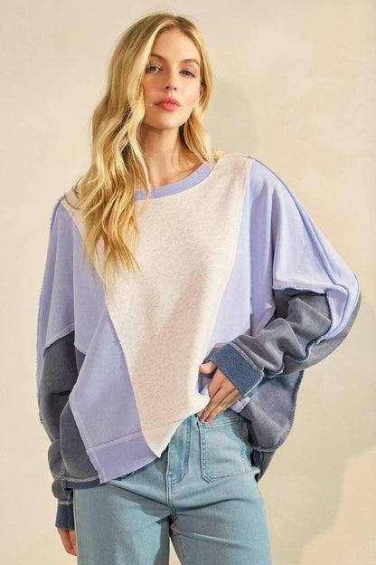 MINERAL WASH COLOR BLOCK DOLMAN SLEEVE PULLOVER