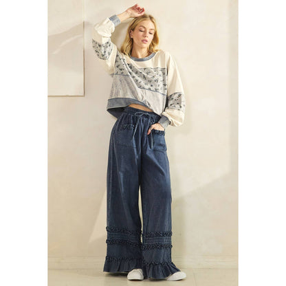 RUFFLE TRIM POCKET MINERAL WASH WIDE LEG PANTS: NEW BLUEBERRY
