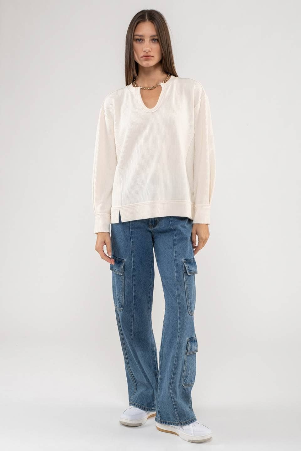 RAW EDGE SPLIT NECK AND HEM RIB KNIT TOP