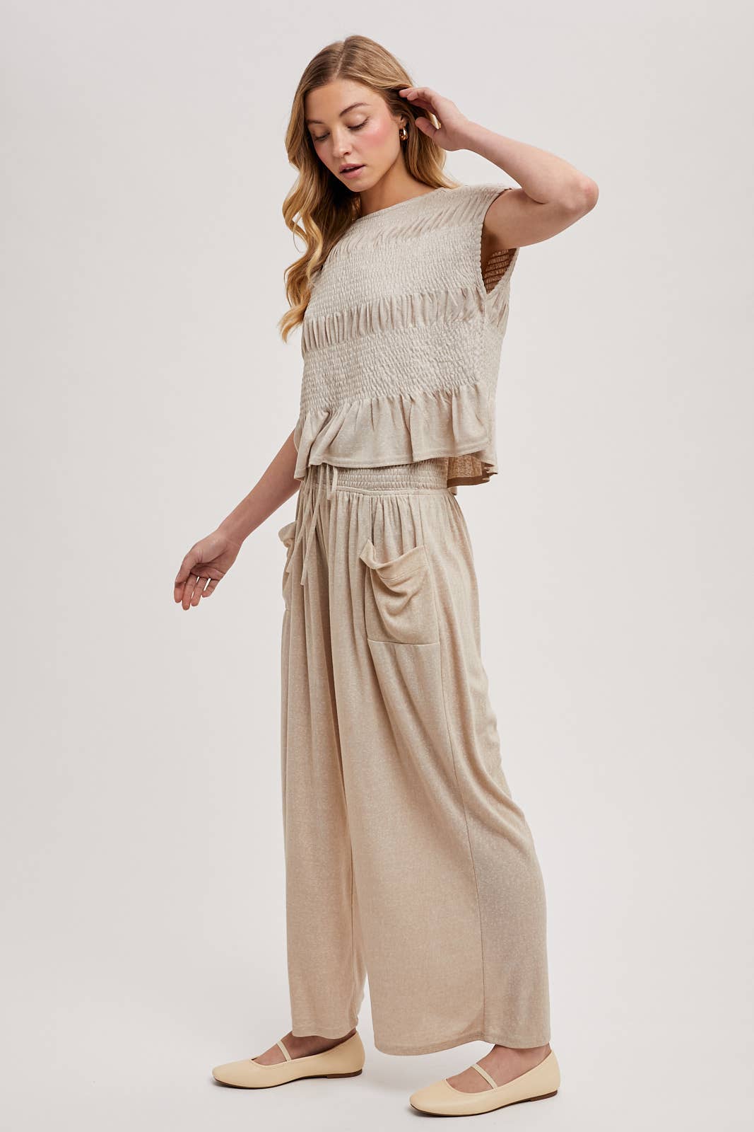 RELAXED KNIT SMOCKED TOP AND WIDE PANTS